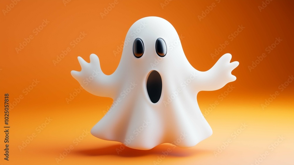 A whimsical, cartoon ghost with a surprised expression floats against a bold orange background, bringing a playful twist to the traditionally spooky figure.
A whimsical, cartoon ghost with a surprised expression floats against a bold orange background, bringing a playful twist to the traditionally spooky figure.