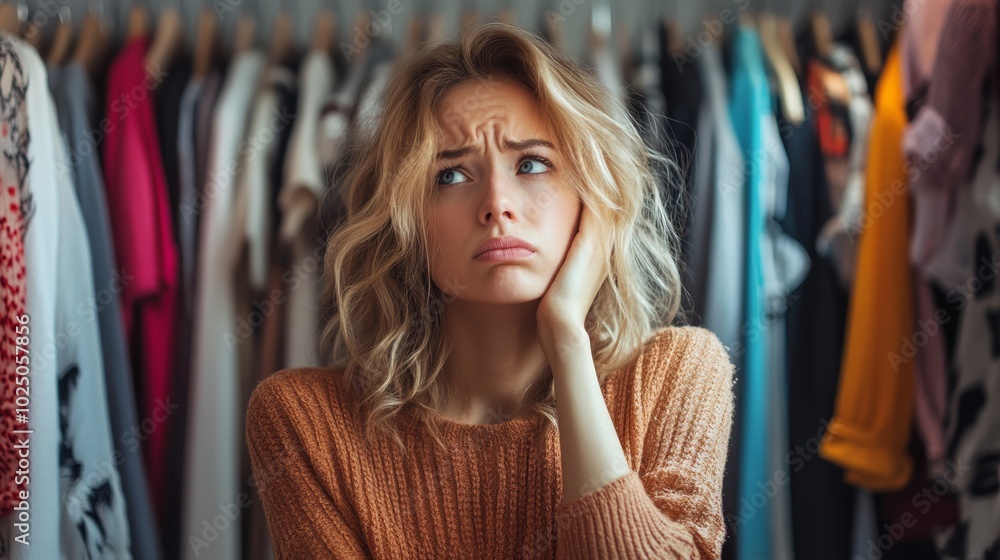 Worried young Caucasian woman feeling stressed about choosing an outfit. Worried young Caucasian woman feeling stressed about choosing an outfit.