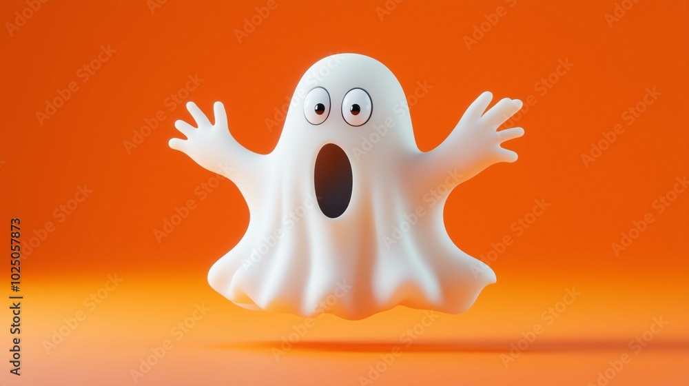 A whimsical, cartoon ghost with a surprised expression floats against a bold orange background, bringing a playful twist to the traditionally spooky figure.
A whimsical, cartoon ghost with a surprised expression floats against a bold orange background, bringing a playful twist to the traditionally spooky figure.