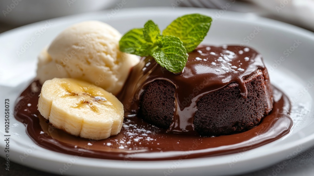 A close-up of a chocolate lava cake topped with vanilla ice cream, a banana slice, and a sprig of mint. A close-up of a chocolate lava cake topped with vanilla ice cream, a banana slice, and a sprig of mint.