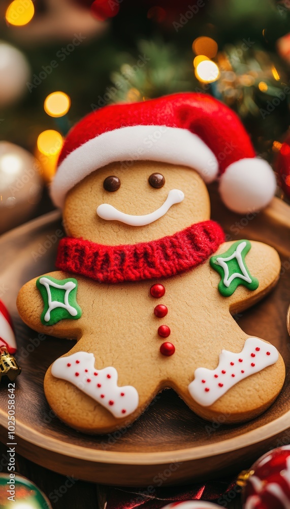 Cute Gingerbread Man with Santa Hat and Red Scarf – Classic Holiday Treat for Christmas Cute Gingerbread Man with Santa Hat and Red Scarf – Classic Holiday Treat for Christmas