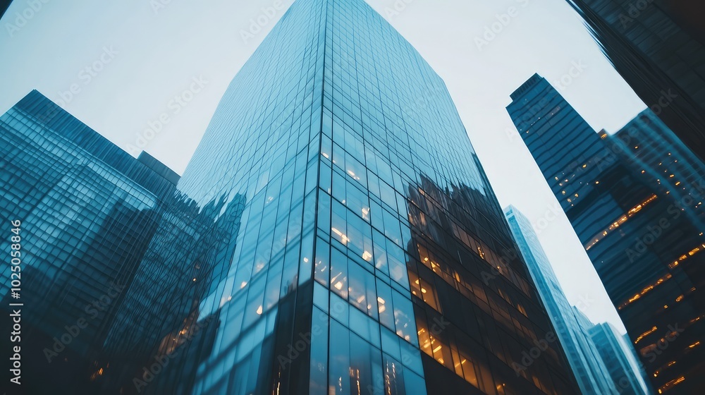 custom made wallpaper toronto digitalA close-up of a glass skyscraper reflecting nearby buildings and streetlights, with a focus on the interplay of light and shadow