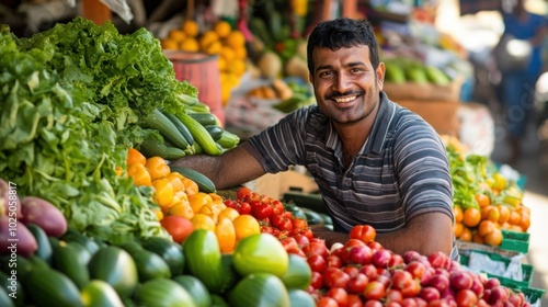 A cheerful South Asian man browsing the fresh produce at a greengrocer's stand, surrounded by vibrant fruits and vegetables, enjoying his market experience.