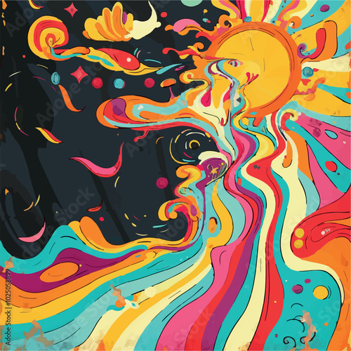  Retro 1970s-inspired psychedelic artwork featuring a radiant sun with colorful, flowing rays. The design has a vibrant, dynamic feel with a mix of bold lines, swirls, and vivid colors.