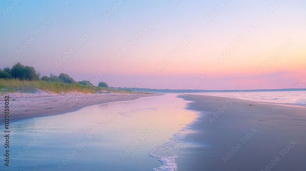 Fototapeta premium 夕焼けに染まる静かな海岸での穏やかな潮の流れと自然の風景に心を癒す時間