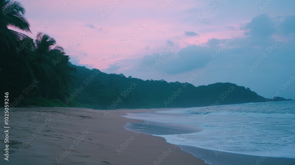 Fototapeta premium 美しい夕暮れのビーチで波が打ち寄せるシーン、緑の山々に囲まれた沖縄の海岸