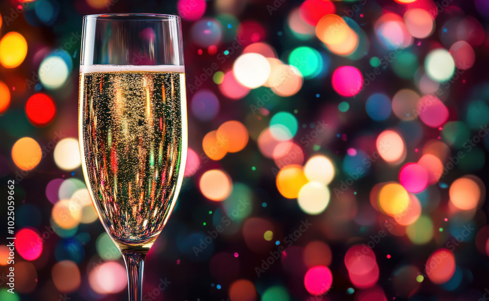 Champagne glass on New Year's Eve with colorful lights and text space Champagne glass on New Year's Eve with colorful lights and text space