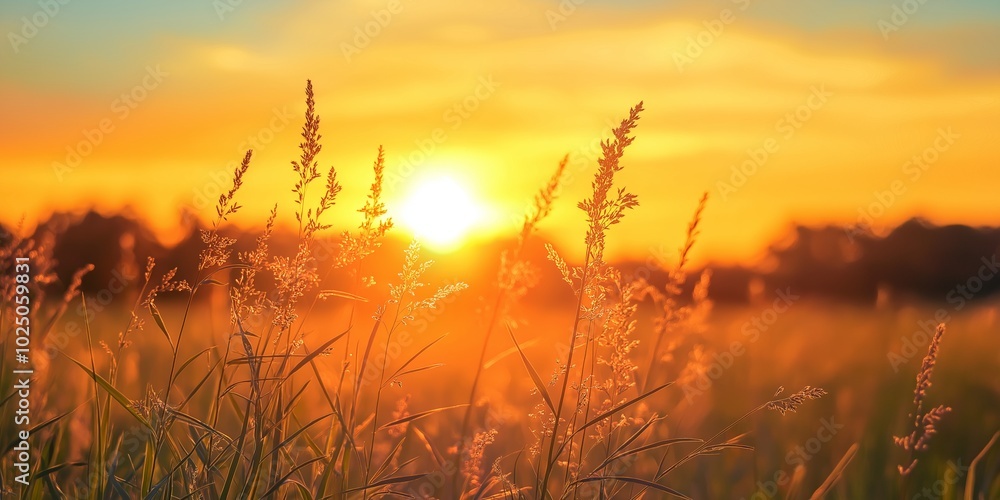 Fototapeta premium Golden sunset over a peaceful field casting warm light on the tall grasses, creating a serene rural landscape atmosphere.