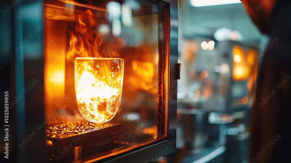 A close-up of a glassblowing workshop, featuring a furnace with glowing, molten glass ready to be shaped into art