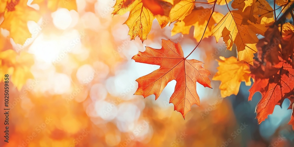 Maple leaf in shades of orange and red with sunlight streaming behind, illustrating the essence of fall beautifully. Maple leaf in shades of orange and red with sunlight streaming behind, illustrating the essence of fall beautifully.
