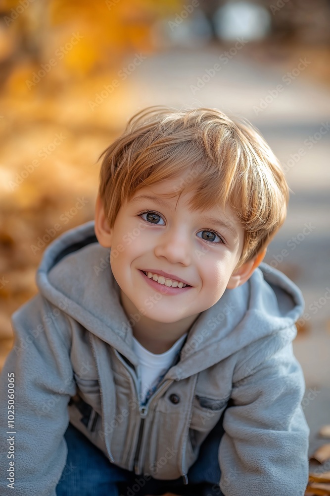 A child in a gray jacket smiles while enjoying the warm colors and cozy leaves of a crisp autumn day. A child in a gray jacket smiles while enjoying the warm colors and cozy leaves of a crisp autumn day.
