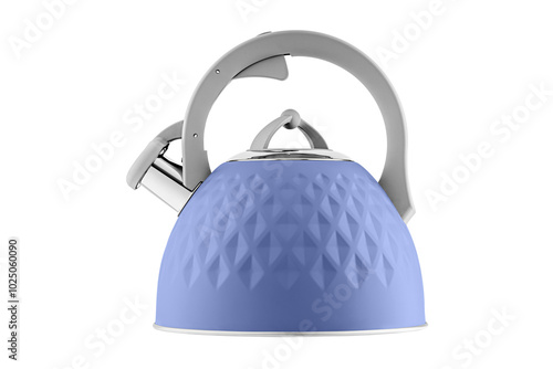 kettle with whistle, matte Purple, violet color, with rhombus texture on isolated and white background close-up photo