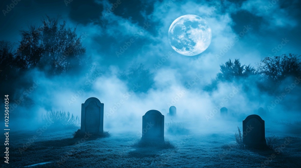 Fototapeta premium A spooky Halloween scene of a foggy graveyard at night, with a full moon casting a dim glow.