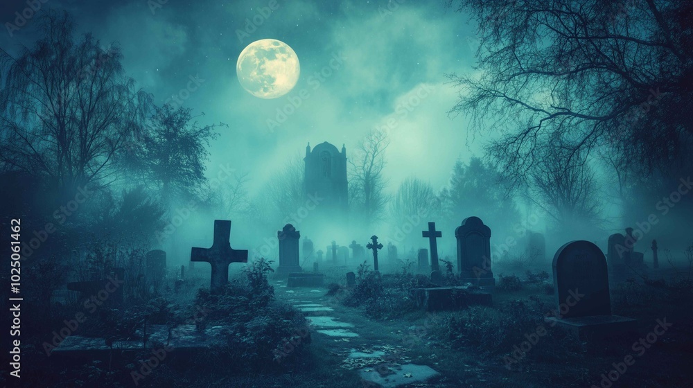 A spooky Halloween scene of a foggy graveyard at night, with a full moon casting a dim glow.
A spooky Halloween scene of a foggy graveyard at night, with a full moon casting a dim glow.
