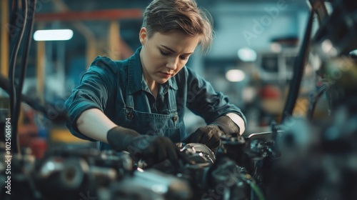 A stocky white female mechanic with short hair, working on an engine rebuild in a busy garage. photo