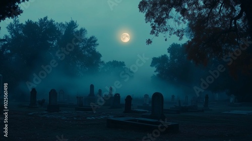 A spooky Halloween scene of a foggy graveyard at night, with a full moon casting a dim glow.
