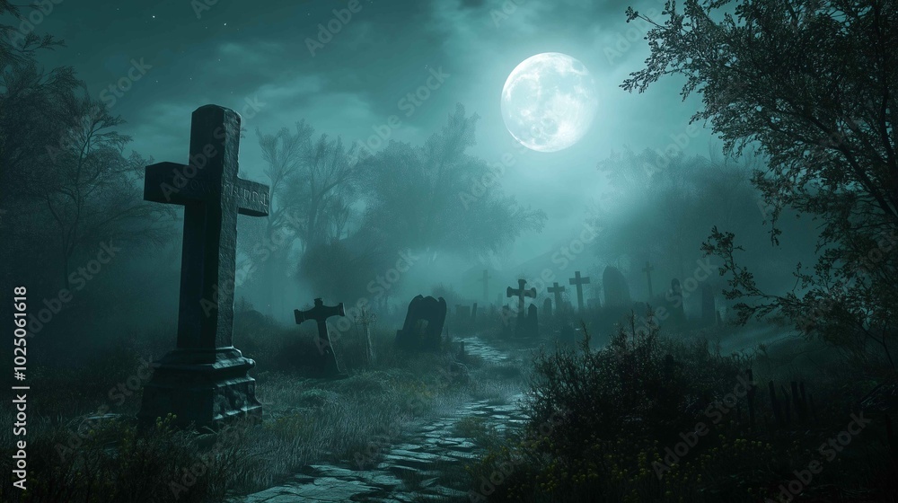 A spooky Halloween scene of a foggy graveyard at night, with a full moon casting a dim glow.
A spooky Halloween scene of a foggy graveyard at night, with a full moon casting a dim glow.