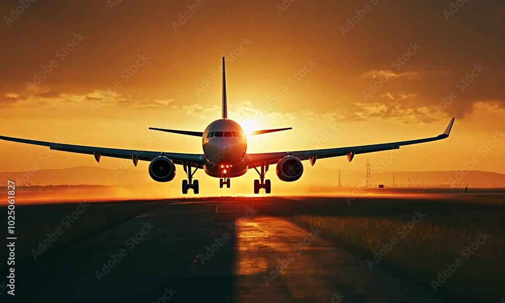 passenger plane landing on airport runway at sunset. passenger plane landing on airport runway at sunset.