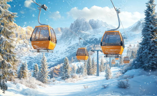 closed ski lift cabins at a ski resort on a sunny day among snowy mountains