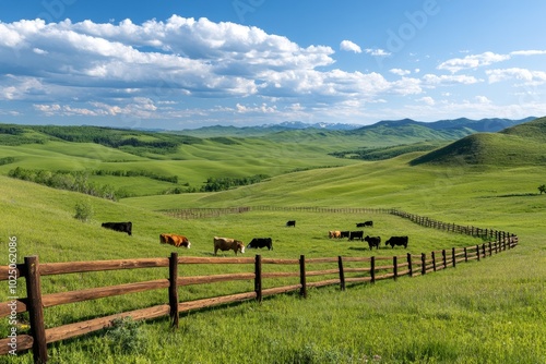 Cattle grazing on a vast rural pasture, with rolling green hills and wooden fences marking the boundaries of the land