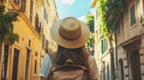 A young woman tourist with a backpack strolling through the streets of Rome, Italy, wearing a wide-brimmed sun hat, enjoying the rich history and culture. Travel and summer vacation concept. Rearview.