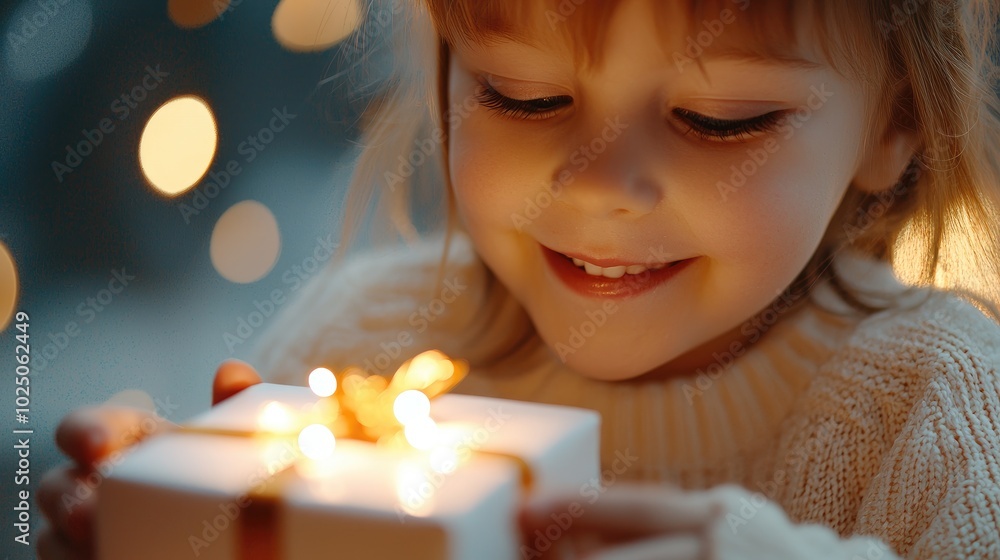 Joyful Child with Christmas Gift and Warm Lights Joyful Child with Christmas Gift and Warm Lights