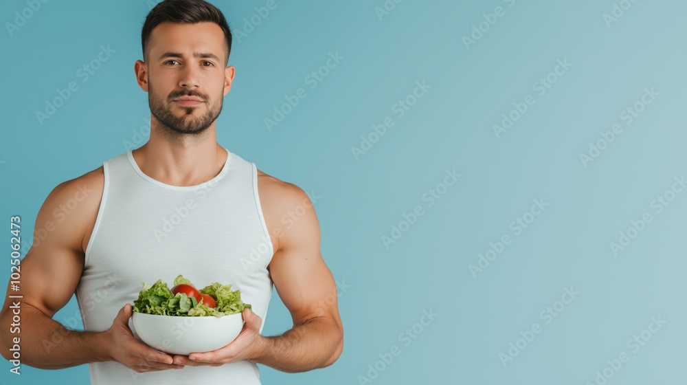 A fit man in workout attire poses confidently with a bowl of fresh salad A fit man in workout attire poses confidently with a bowl of fresh salad