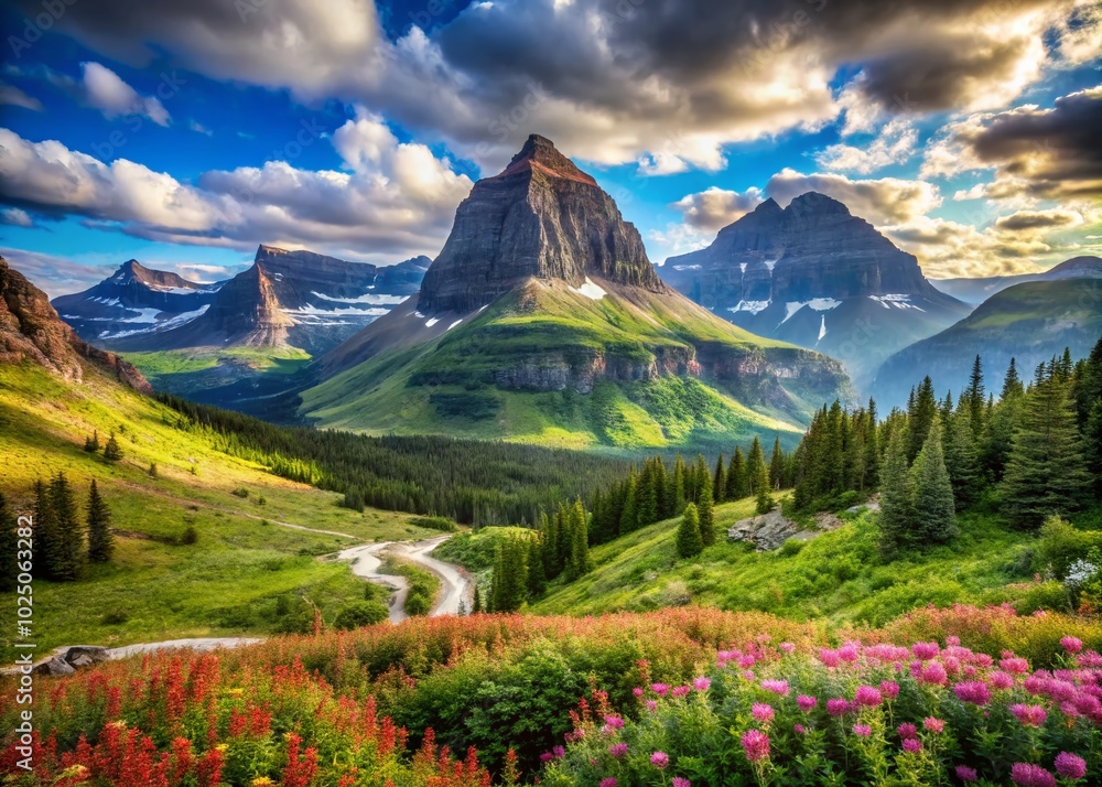 Fototapeta premium Breathtaking Panoramic View of Logan Pass in Glacier National Park, Montana - Nature's Majestic Beauty Unveiled