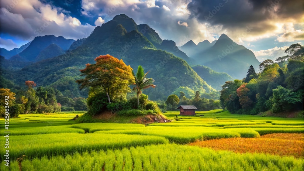 Fototapeta premium Breathtaking Rice Fields and Majestic Mountains in Lush Humid Forest Landscape