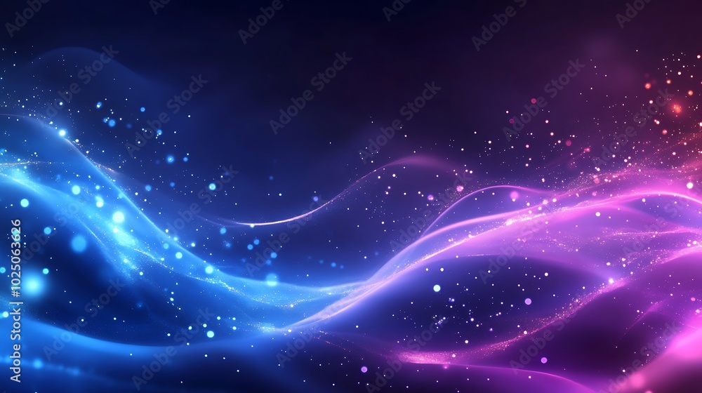 Abstract blue and pink glowing waves with glittering particles on dark background. Abstract blue and pink glowing waves with glittering particles on dark background.