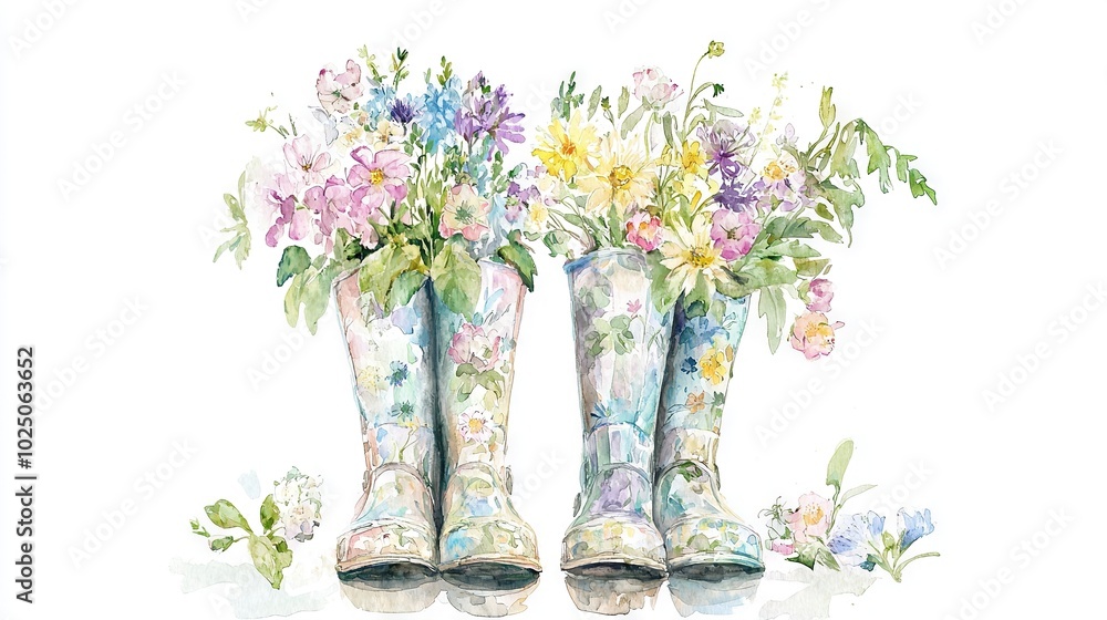 Watercolor Boots with Flowers and Butterfly Watercolor Boots with Flowers and Butterfly