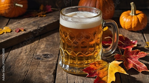 Autumn Background with Beer and Pumpkin on Rustic Wooden Table Top View. photo