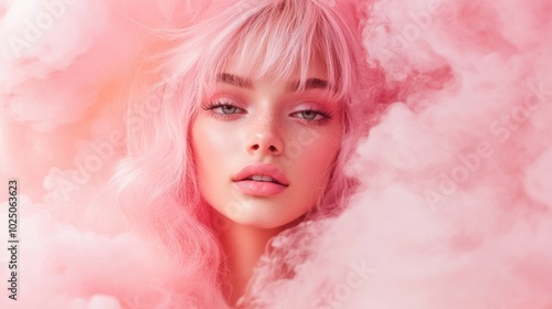 A young woman with pastel pink hair enveloped in a soft pink smoke cloud, showcasing an ethereal and abstract fashion vibe in a close-up portrait.