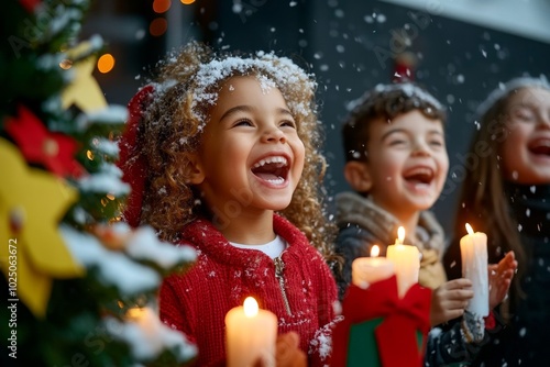 Children singing carols around a Christmas tree, with candles lit and soft snow falling outside, capturing the magic of a festive night