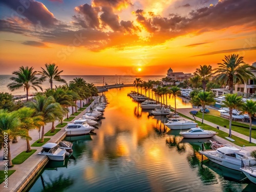 Breathtaking Sunset at Hawana Salalah Marina with Yachts, Resorts, and Palm Trees in Beautiful Oman
