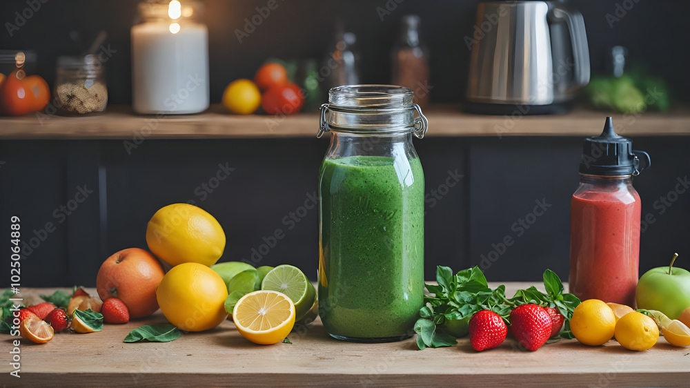 Fruits, smoothie, healthy food with lemon, strawberries, lime and green apples Fruits, smoothie, healthy food with lemon, strawberries, lime and green apples
