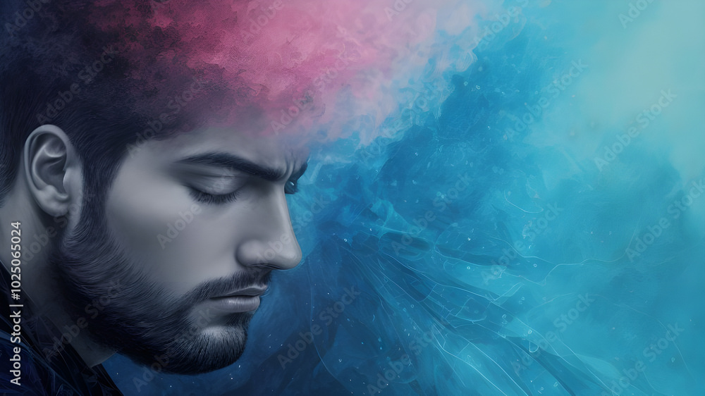 Well done image of a sad and depressed man surrounded with blue purple effekts Well done image of a sad and depressed man surrounded with blue purple effekts