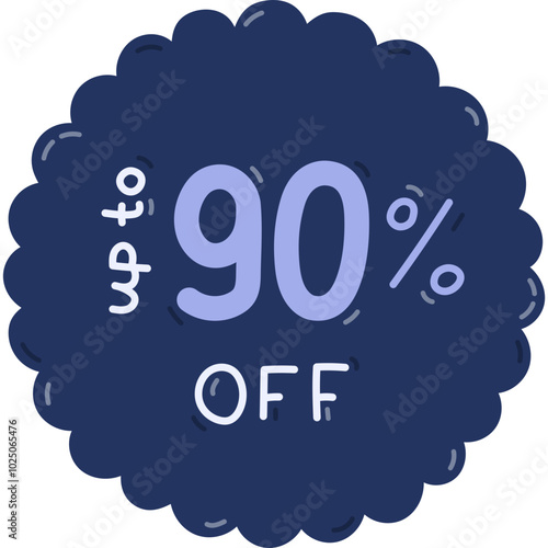Cute cartoon flower sticker with discounts up to 90 percent off for Black Friday Sale. Hand drawn round bubble with lettering for promotion of super price off at shop. Simple trendy isolated banner