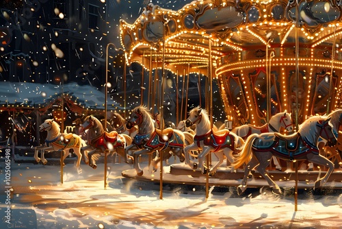 Enchanted Winter Carousel: A Magical Scene of Horses in the Snow