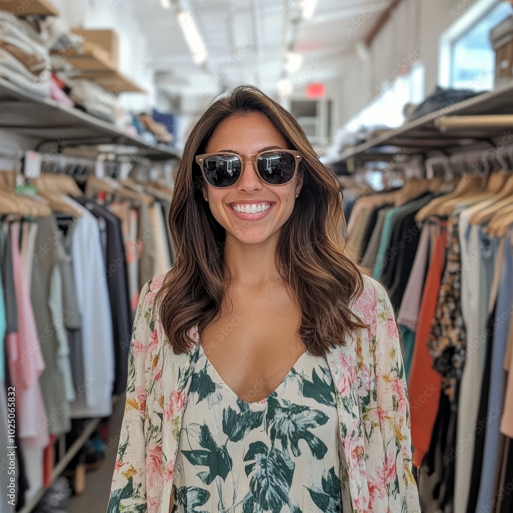 Smiling woman in floral attire and sunglasses among clothing racks in a boutique. Smiling woman in floral attire and sunglasses among clothing racks in a boutique.