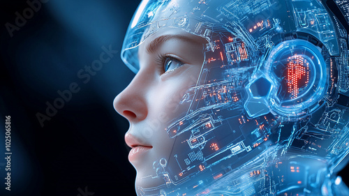 Wallpaper Mural A futuristic portrait of humanoid figure with high tech helmet, showcasing intricate circuitry and glowing elements Torontodigital.ca