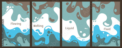 Melting vibrant waves pattern summer front pages. Bubble splashes and streams vector pack box covers. Fluid liquid flowing paint patterns. Wavy surface leaflets. Fluid with bubbles, melting shapes