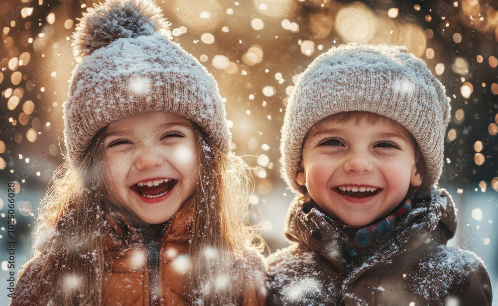Little girl and boy with winter hat are happy about the first snow Little girl and boy with winter hat are happy about the first snow
