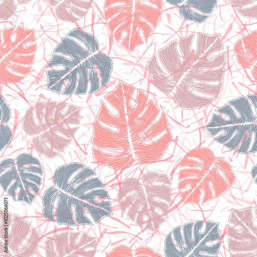 Philodendron jungle foliage floral seamless ornament over noisy background. B...