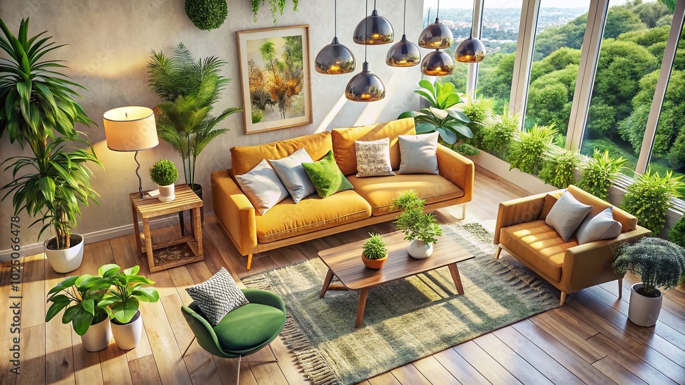 Fototapeta premium Bright Airy Living Room with Plush Sofa, Greenery, and Stylish Decor in Neutral Tones for Modern Home Aesthetic