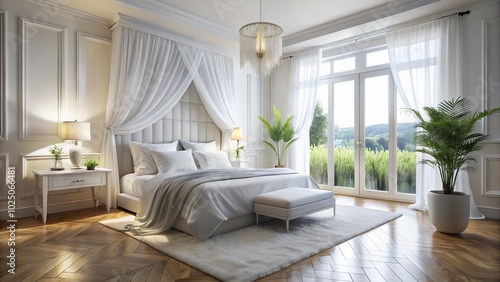 Bright and Airy Bedroom with White Bed and Flowing White Curtains for a Serene and Elegant Atmosphere