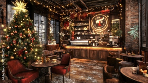 Cozy coffee shop interior decorated for Christmas Eve, with a glowing tree and festive lights, creating a warm holiday atmosphere.