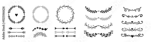 Set of design elements. Wreath, frames, swirls divider, laurel leaves, ornate, award, arrows. Decorative vintage line elements collection. 
