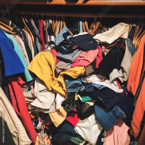 A disorganized closet filled with various colorful clothing items in a chaotic arrangement.