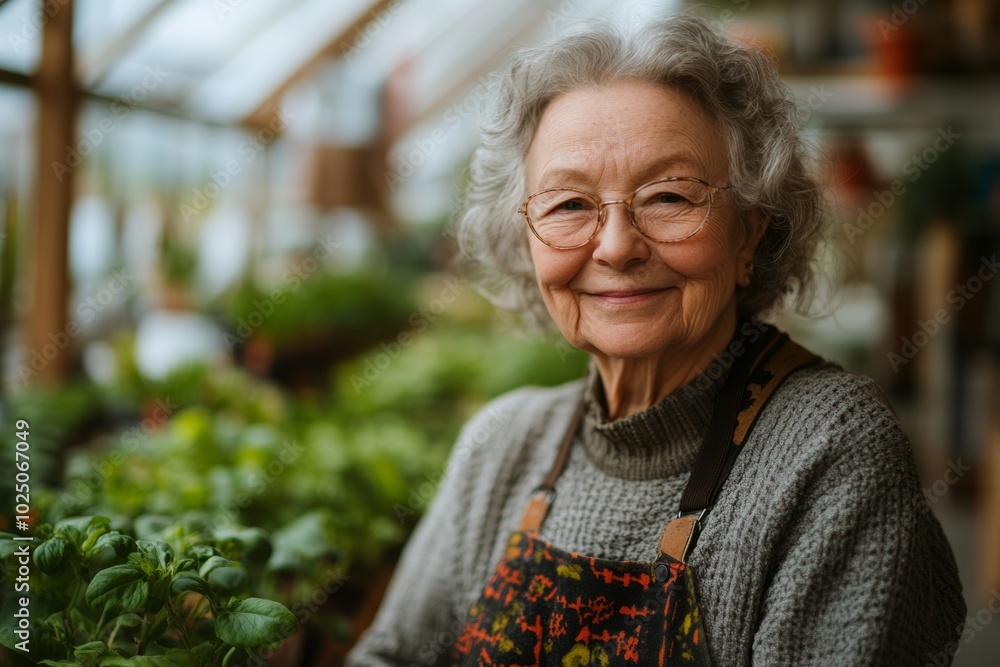 Woman in gray sweater is smiling, holding plant. Concept of warmth, as woman is enjoying time in the greenhouse. happy senior woman taking care of her plants while looking at camera in her greenhouse Woman in gray sweater is smiling, holding plant. Concept of warmth, as woman is enjoying time in the greenhouse. happy senior woman taking care of her plants while looking at camera in her greenhouse